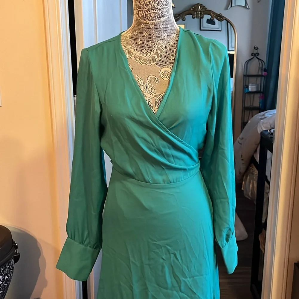 ASOS Green Wrap Tie Front Gown with Bishop Sleeves - Picture 2 of 9
